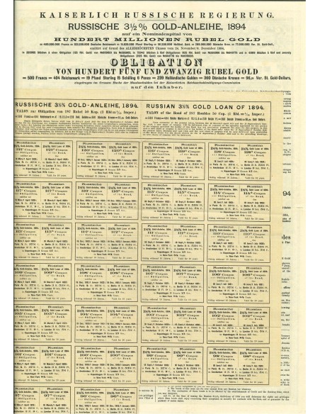 1894 - GOUVERNEMENT IMPERIAL DE RUSSIE - EMPRUNT RUSSE 3,5% 125 Rubli OR (500 F) DE 1894 (1 OBBLIGAZIONE)