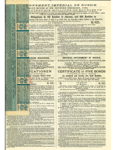 1890 - GOUVERNEMENT IMPERIAL DE RUSSIE - EMPRUNT RUSSE 4% 481,25 GOLD OR, SECONDE EMISSION, 1890 (5 OBBLIGAZIONI)
