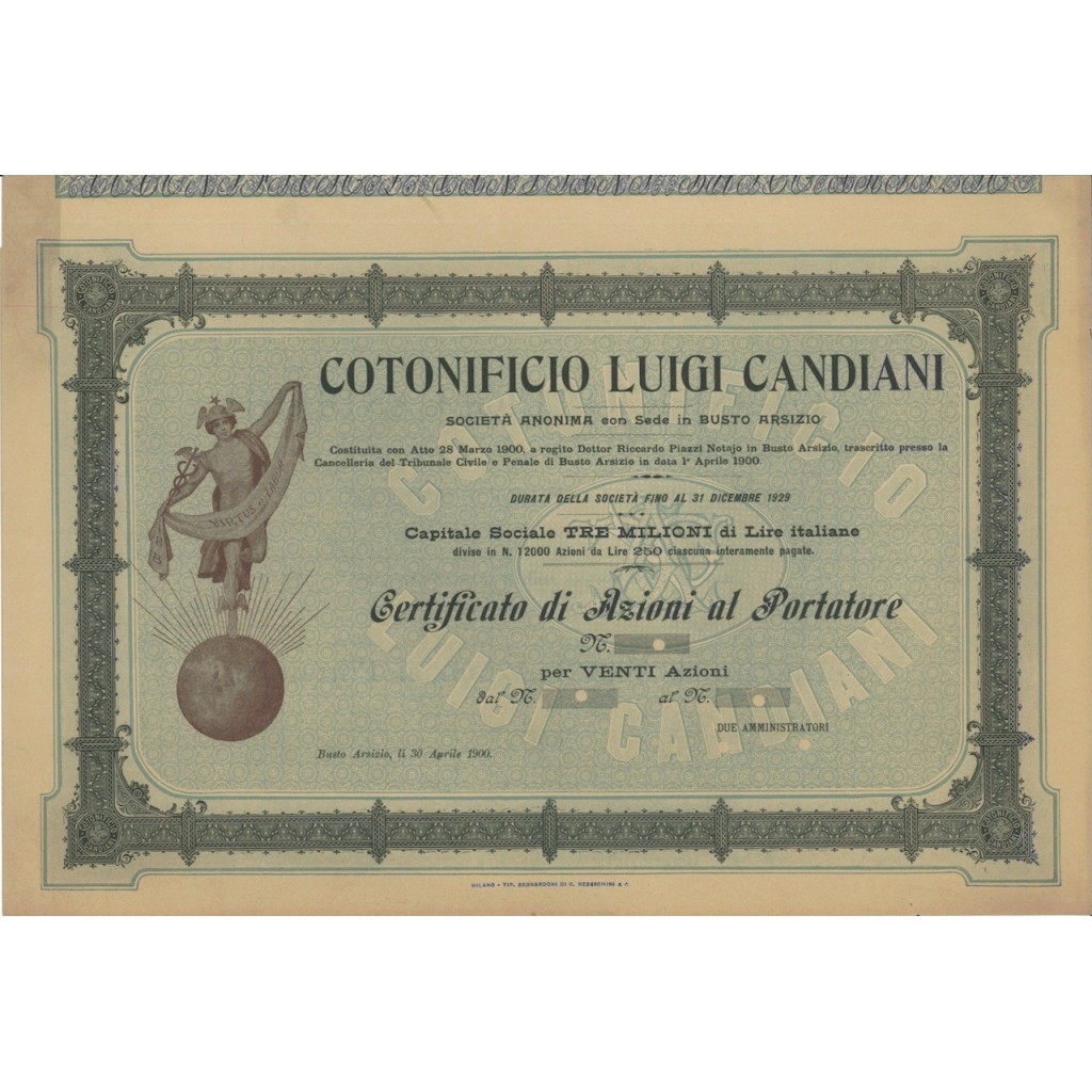 COTONIFICIO LUIGI CANDIANI - 20 AZIONI BUSTO A. 1900