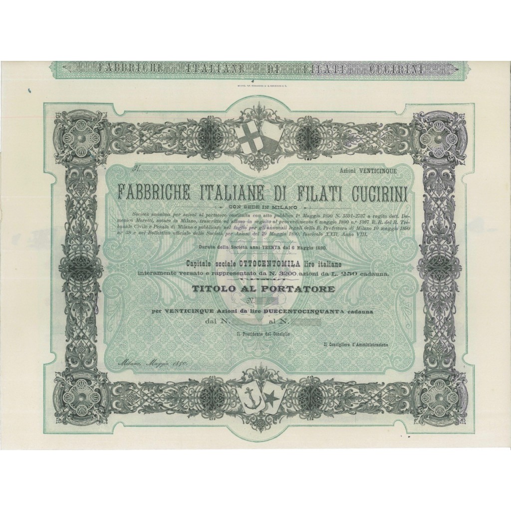 FABBRICHE ITALIANE DI FILATI CUCIRINI - 25 AZIONI MILANO 1890