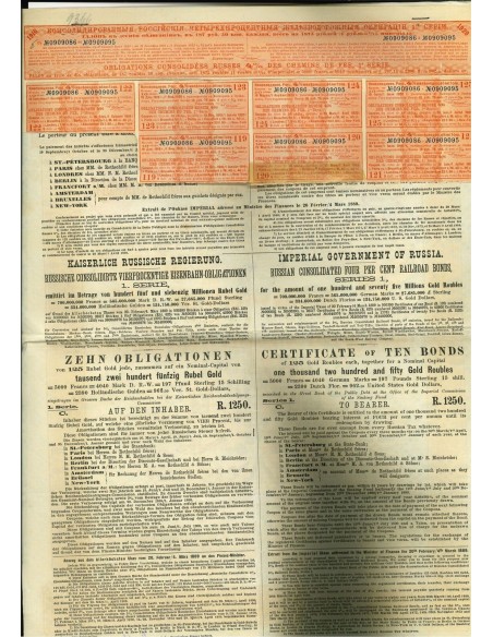 1889 - GOUVERNEMENT IMPERIAL DE RUSSIE - OBLIGATIONS CONSOLIDÉES RUSSES 4% 1250  DES CHEMINS DE FER, 1° SERIE (10 OBB.)