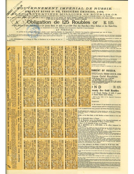 1890 - GOUVERNEMENT IMPERIAL DE RUSSIE - EMPRUNT RUSSE 4% OR, TROISIEME EMISSION, 1890 (1 OBBLIGAZIONE)