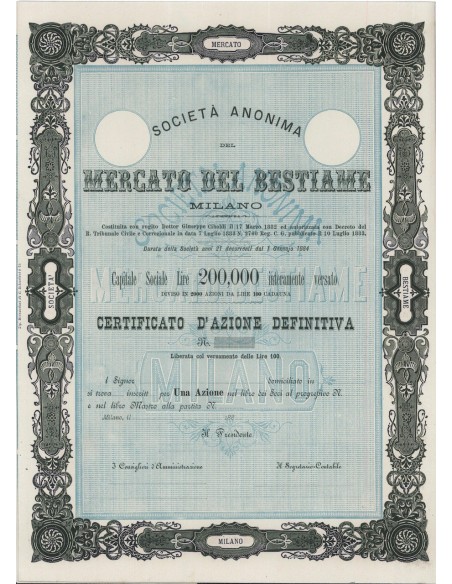 SOC. ANON. MERCATO DEL BESTIAME - 1 AZIONE MILANO 1882