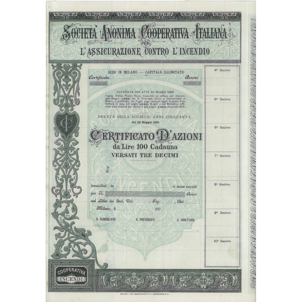 SOC. ANON.COOP. ITALIANA L'ASSICURAZIONE CONTRO L'INCENDIO AZIONI 1889