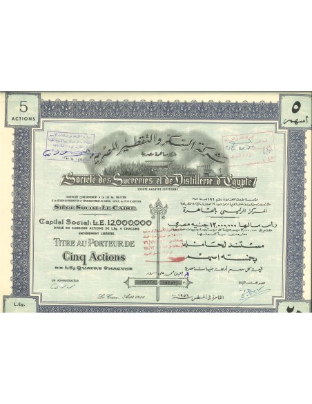 1956 - SUCRERIES ET DE DISTILLERIE D'EGYPTE - 5 AZIONI - CAIRO