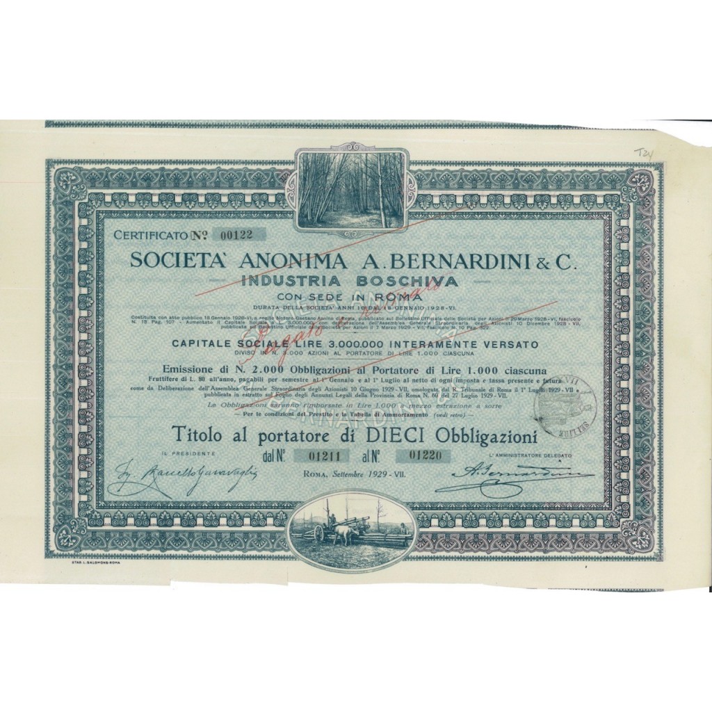 SOC. ANON. A. BERNARDINI E C. - 10 OBBLIG. ROMA 1929