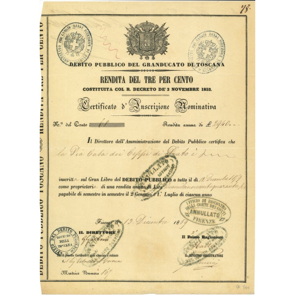 1859 - DEBITO PUBBLICO DEL GRANDUCATO DI...