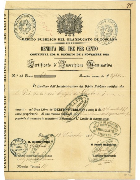 1859 - DEBITO PUBBLICO DEL GRANDUCATO DI TOSCANA R.D. 03/11/1852