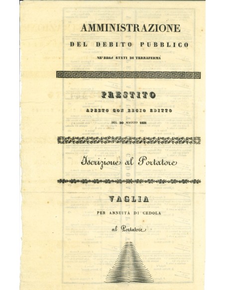 1831 - VAGLIA - AMMINISTRAZIONE DEL DEBITO  PUBBLICO - TORINO