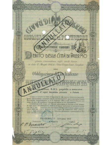CITTA' DI PALERMO 1 OBBLIGAZIONE AL PORTATORE 1902