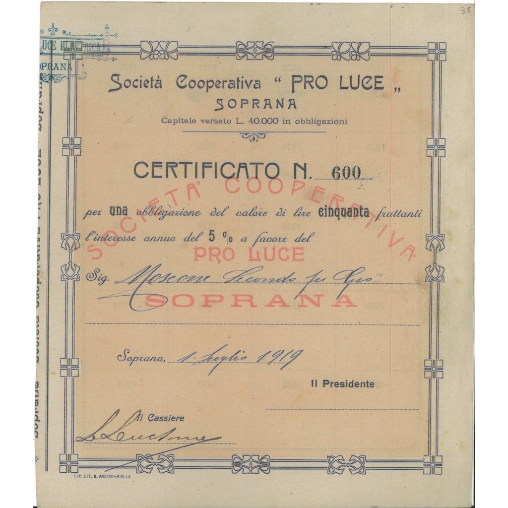 SOC. COOP. PRO LUCE - 1 OBBLIG. SOPRANA 1919