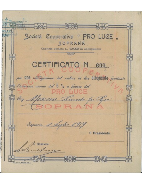 SOC. COOP. PRO LUCE - 1 OBBLIG. SOPRANA 1919