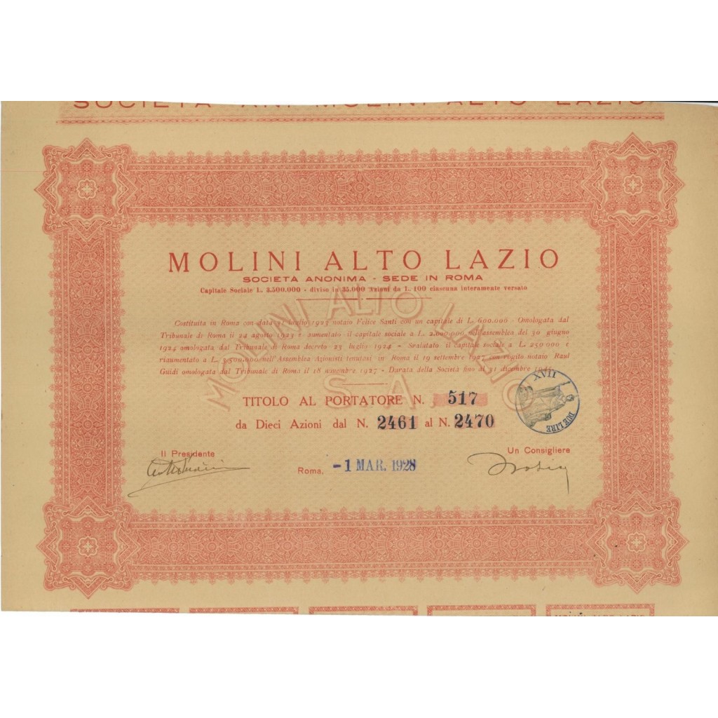 MOLINI ALTO LAZIO - 10 AZIONI - ROMA 1928