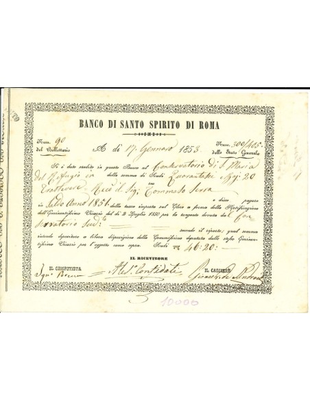 1851 - BANCO DI SANTO SPIRITO DI ROMA FEDE DI CREDITO 46 SCUDI E 20 BAJ