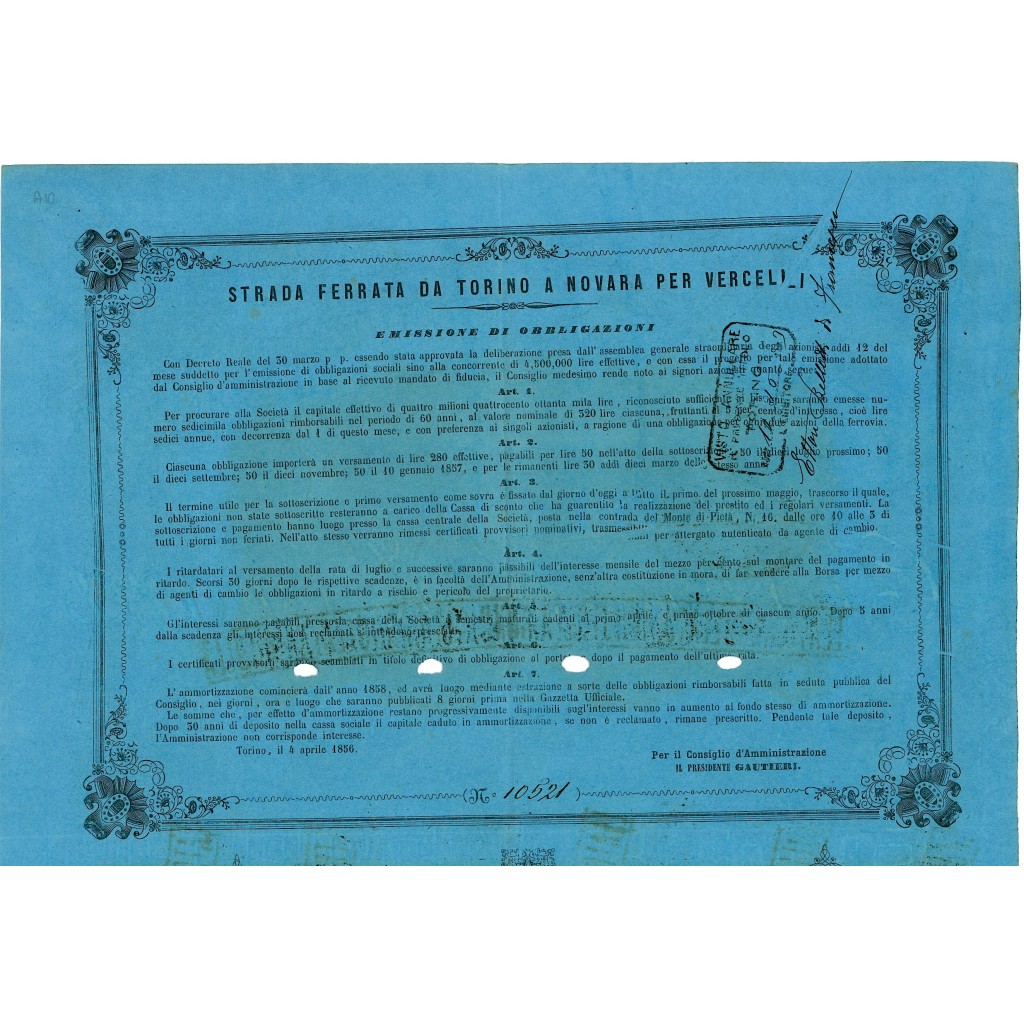 1856 - STRADA FERRATA DA TORINO A NOVARA PER...