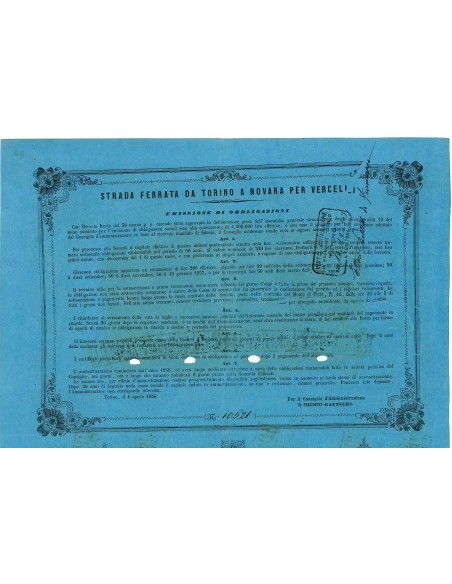 1856 - STRADA FERRATA DA TORINO A NOVARA PER VERCELLI 1 OBBLIG.