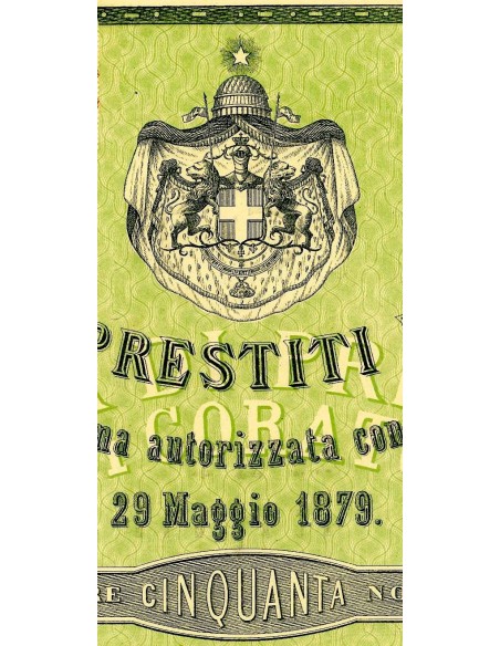 1881 - BANCA DI PRESTITI DI CORATO - 1 AZIONE NOMINATIVA - LIRE 50 STEMMA SABAUDO (colore verde)