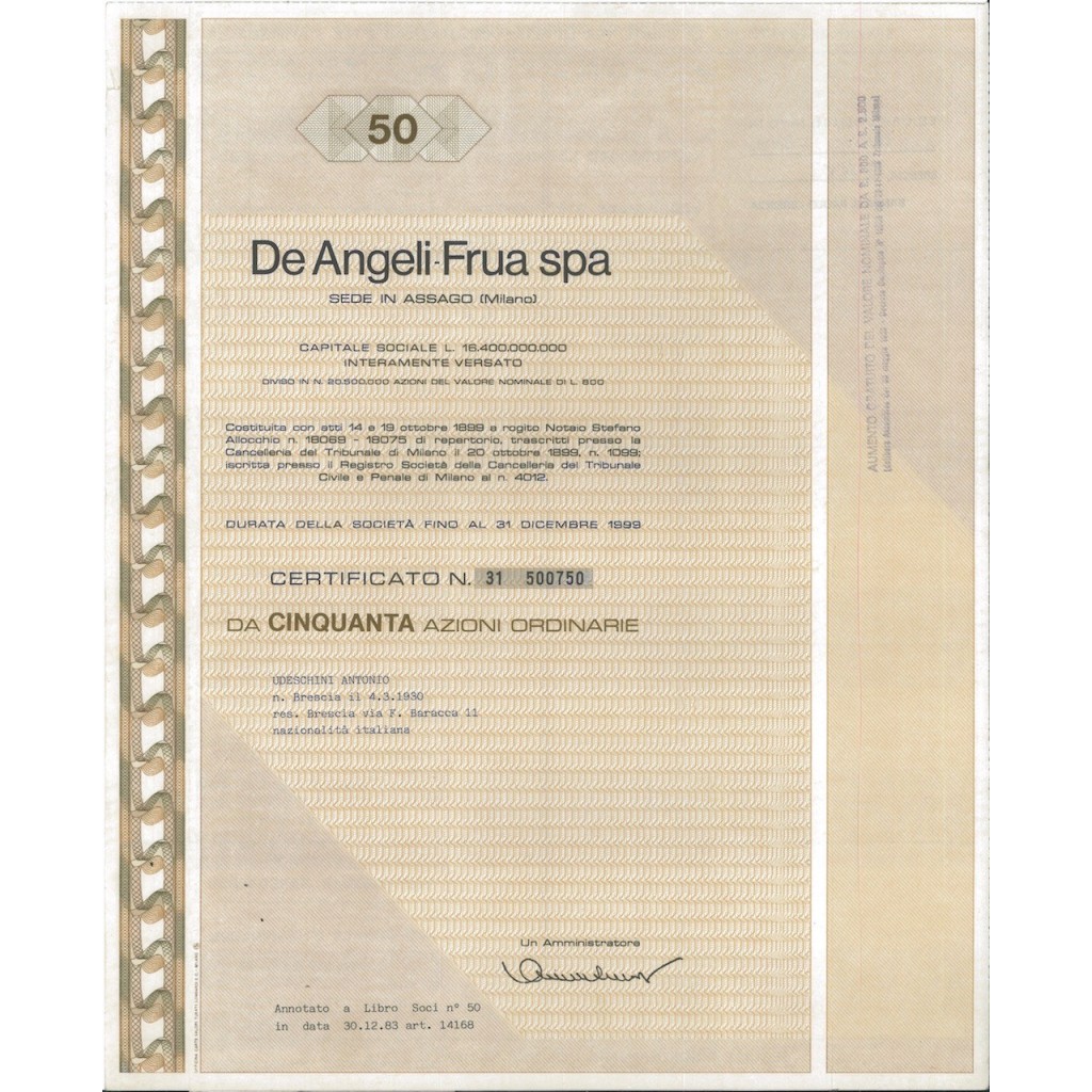 DE ANGELI - FRUA 50 AZIONI MILANO 1983