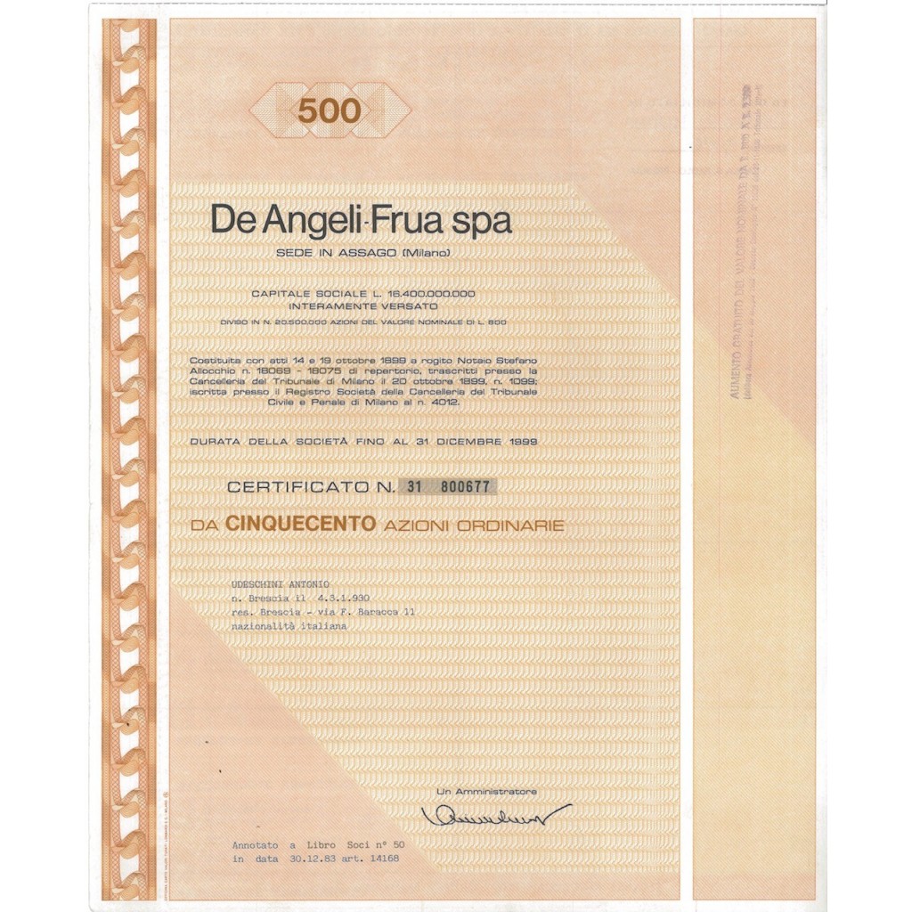 DE ANGELI - FRUA SPA 500 AZIONI MILANO 1983