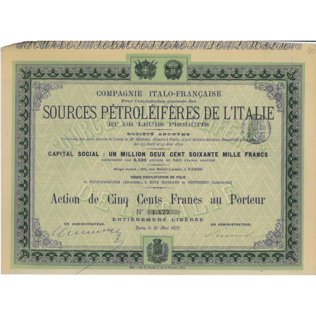 COMP. ITALO FRANCAISE SOURCE PETROLEIFERES DE L'ITALIE 1 ACTION 1879