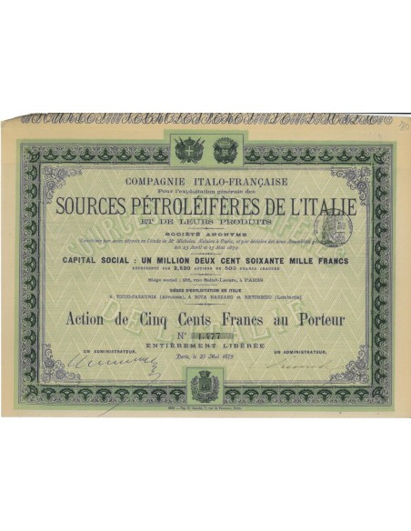 COMP. ITALO FRANCAISE SOURCE PETROLEIFERES DE L'ITALIE 1 ACTION 1879