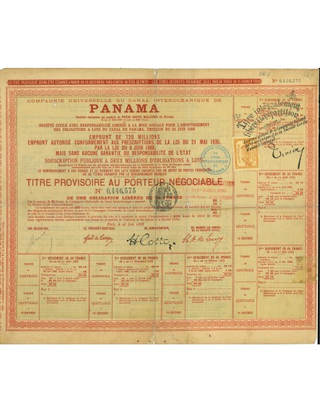 1888 - UNIVERSELLE DU CANAL INTERNAZIONAL DE PANAMA 1 AZIONE