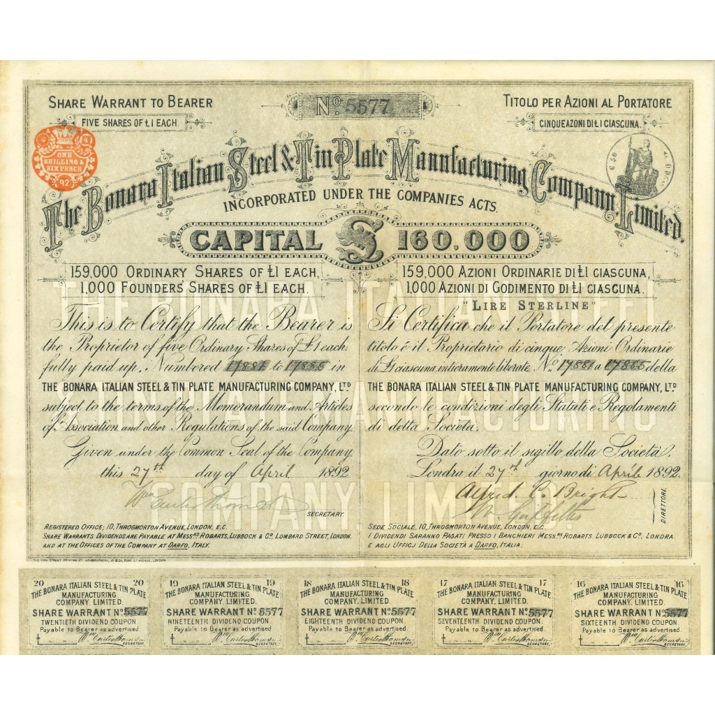 1892 - THE BONARA ITALIAN STEEL & TIN PLATE...
