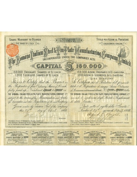 1892 - THE BONARA ITALIAN STEEL & TIN PLATE MANUFACTURING Co. ITALIA / INGLESE - 5 azioni