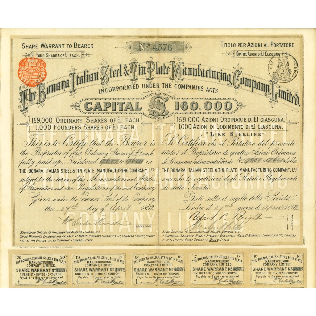 1892 - THE BONARA ITALIAN STEEL & TIN PLATE...