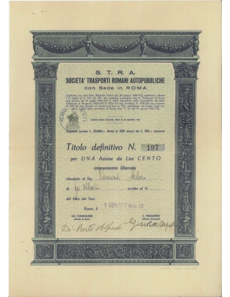S.T.R.A. SOC. TRASPORTI ROMANI AUTOPUBBLICHE 1 AZIONE ROMA 1942