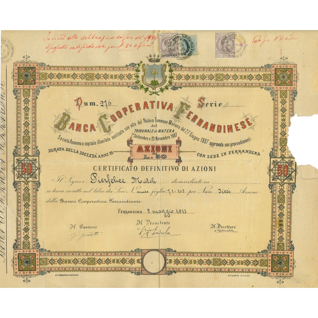 1913 - BANCA FERRANDINESE - CERTIFICATO AZIONI...