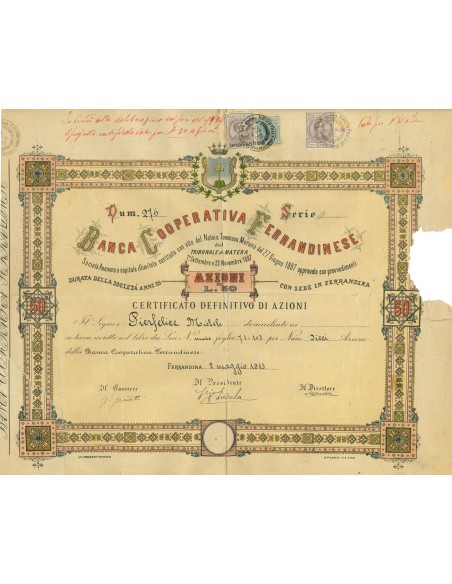 1913 - BANCA FERRANDINESE - CERTIFICATO AZIONI DA L. 50