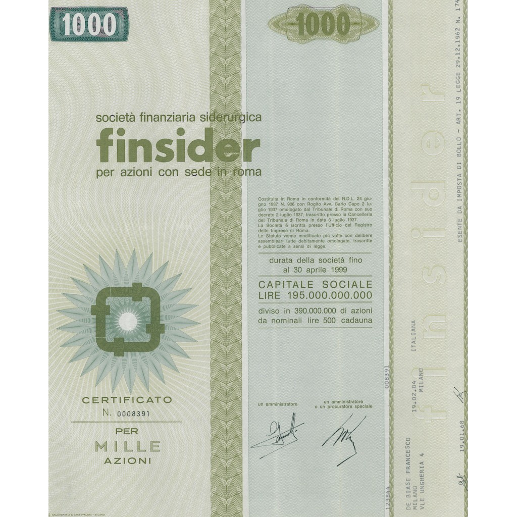 FINSIDER - CAP. SOC. 195.000.000.000 - 1000 AZIONI ROMA 1968