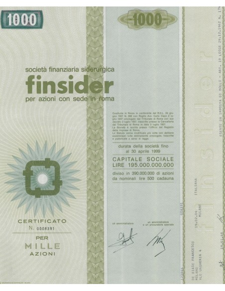 FINSIDER - CAP. SOC. 195.000.000.000 - 1000 AZIONI ROMA 1968