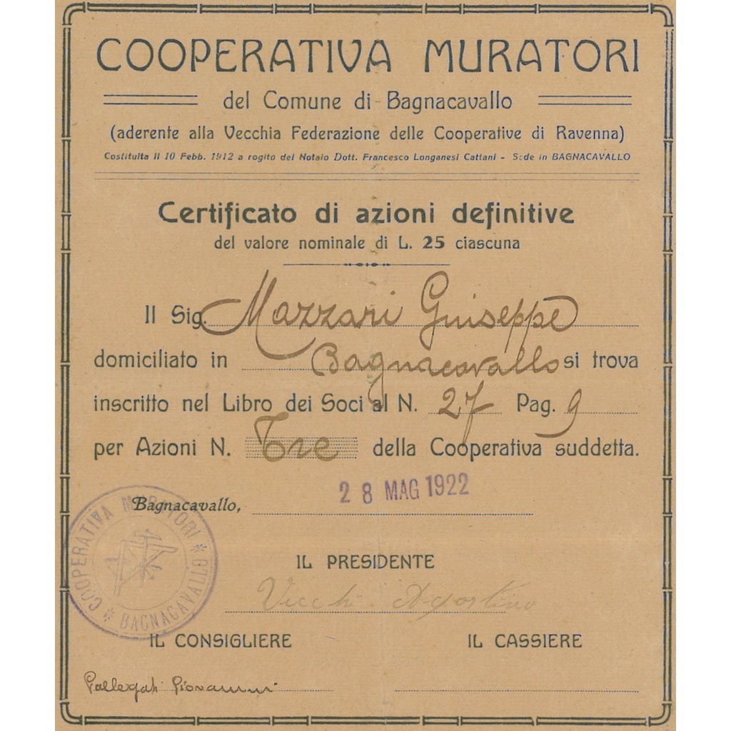 COOP. MURATORI DEL COMUNE DI BAGNOCAVALLO 3 AZIONI 1922