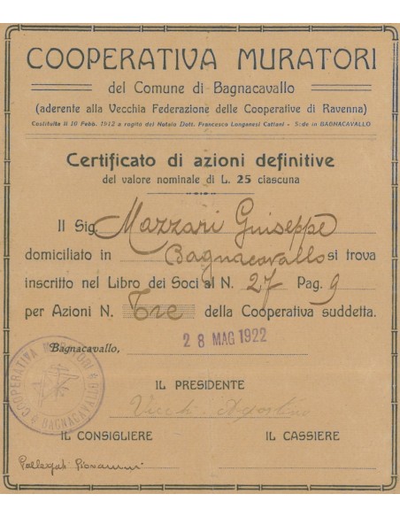 COOP. MURATORI DEL COMUNE DI BAGNOCAVALLO 3 AZIONI 1922