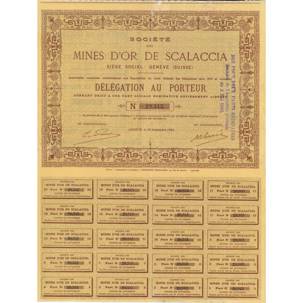 1894 - SOCIETE' DE MINES  D'OR DE SCALACCIA -...