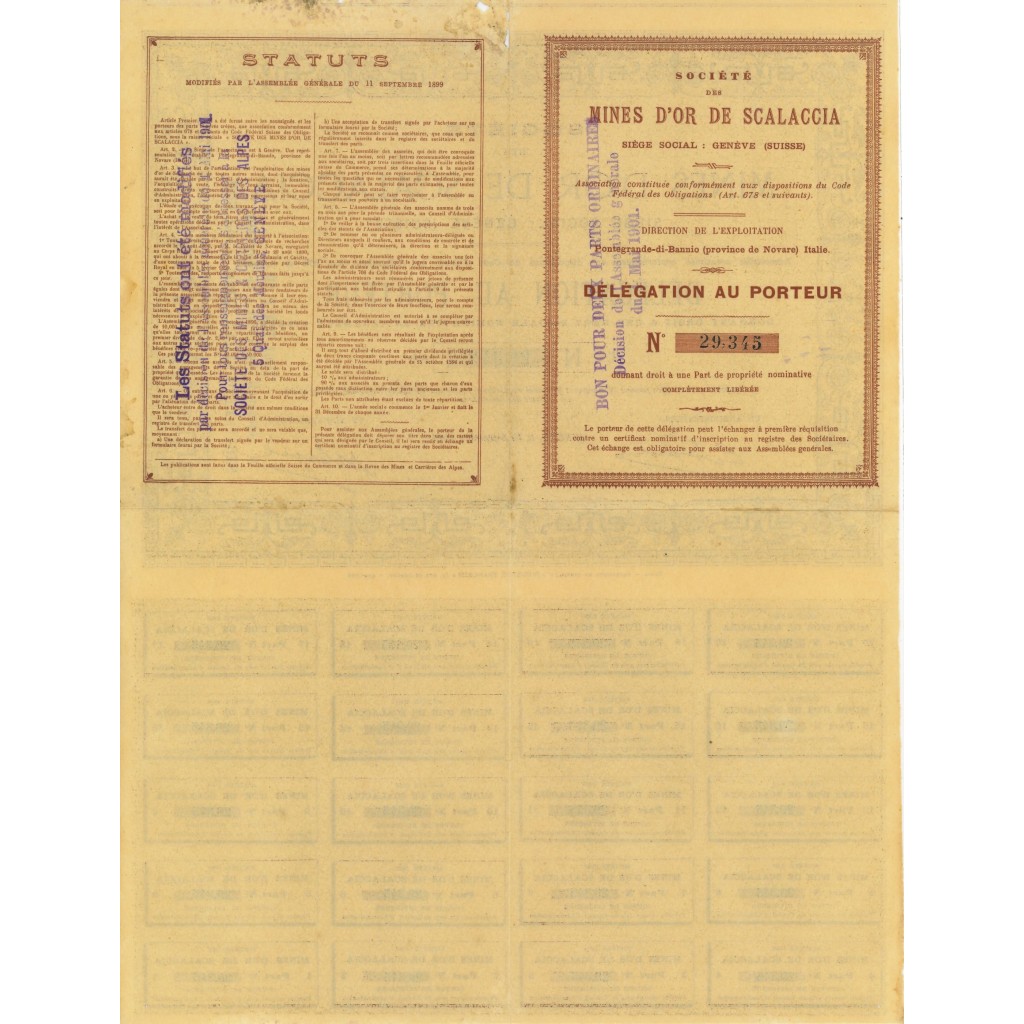 1894 - SOCIETE' DE MINES  D'OR DE SCALACCIA -...