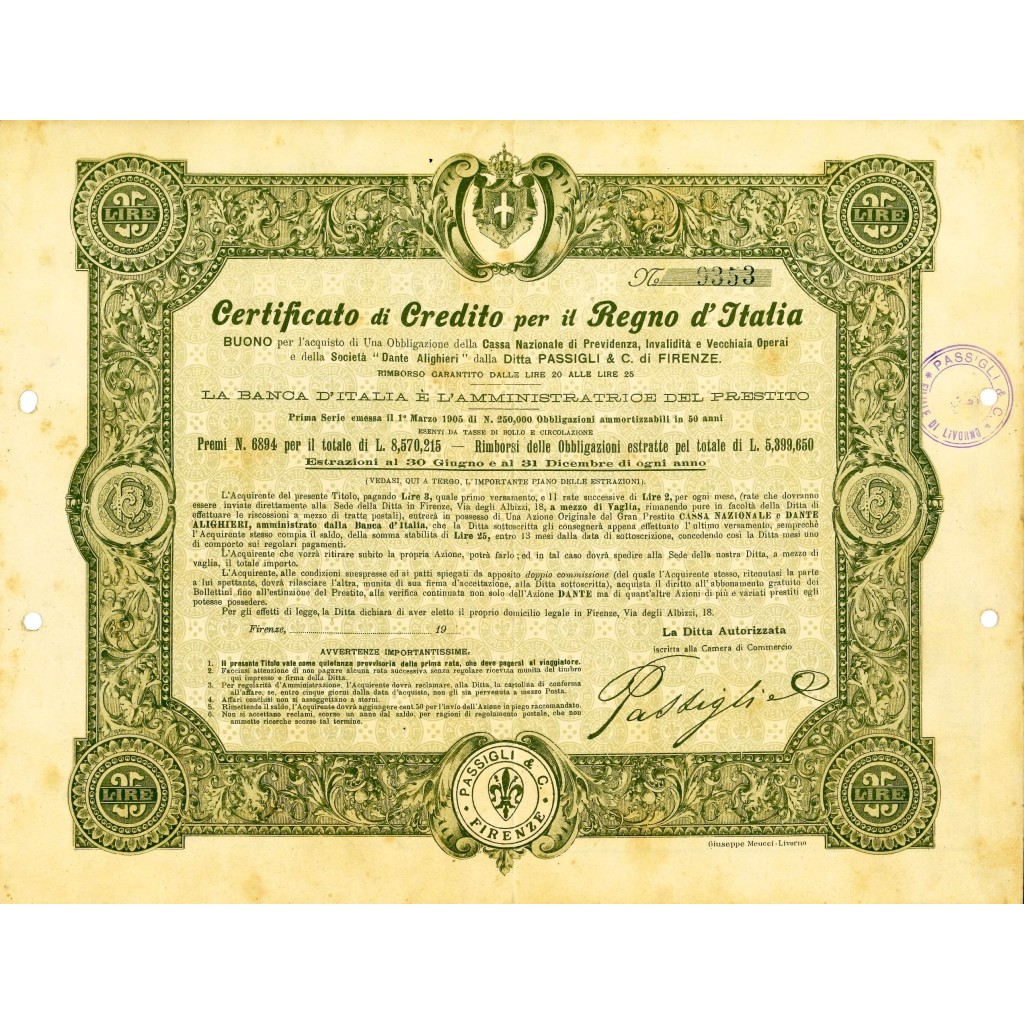 1905 - BANCA D'ITALIA CERTIFICATO DI CREDITO...