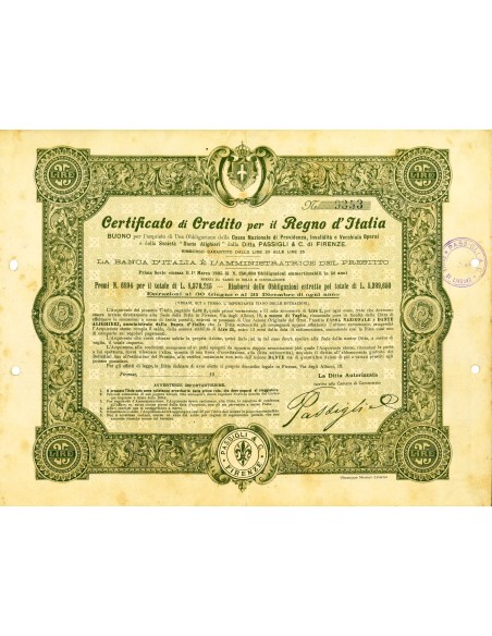 1905 - BANCA D'ITALIA CERTIFICATO DI CREDITO REGNO D'ITALIA - FIRENZE