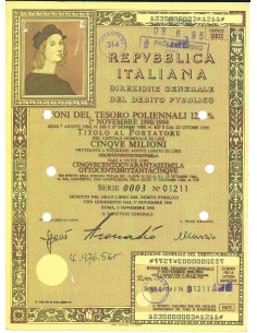 1990 - BTP POLIENNALI SERIE 0004 LIRE 5 MILIONI ROMA...
