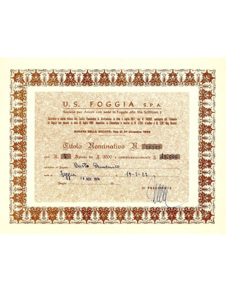 1974 - TITOLO NOMINATIVO U.S. FOGGIA S.P.A. - AZIONI VARIABILI - FOGGIA