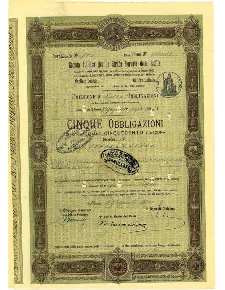 SOC. ITALIANA PER LE STRADE FERRATE DELLA SICILIA 5 OBBLIGAZIONI ROMA 1900