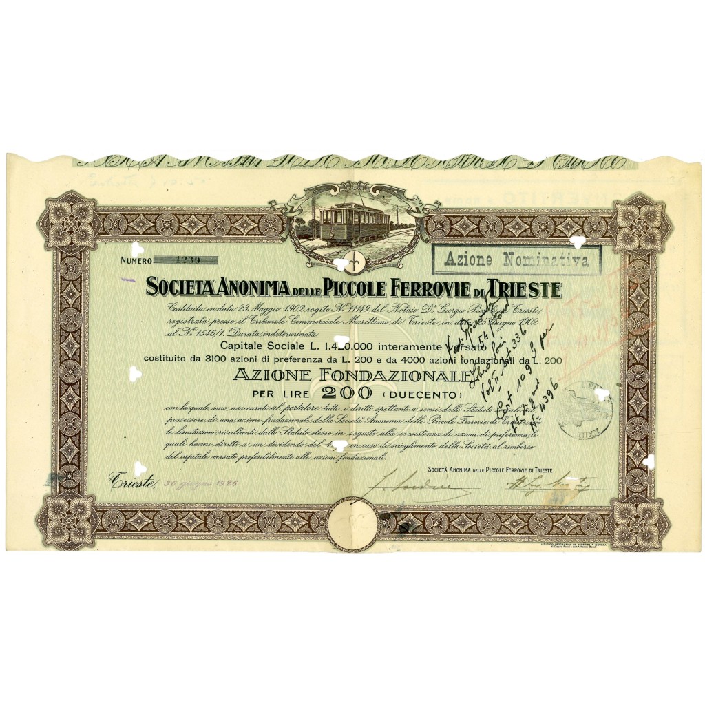 1926 - PICCOLE FERROVIE DI TRIESTE - AZIONE DI...
