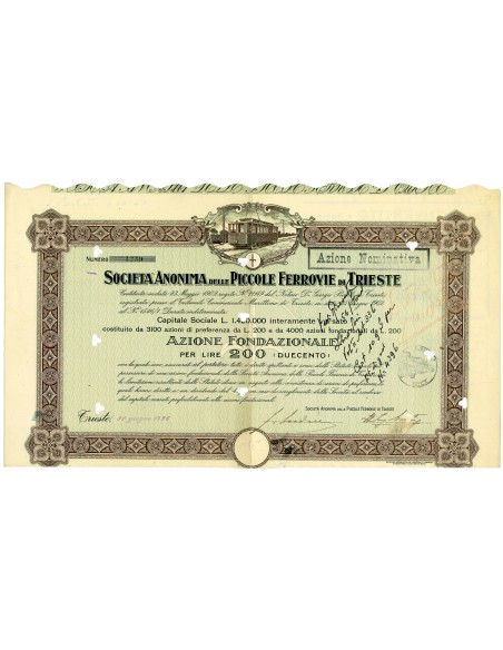 1926 - PICCOLE FERROVIE DI TRIESTE - AZIONE DI FONDAZIONE