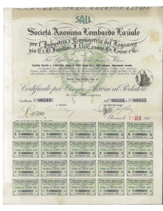 SALL - SOC. ANON. LOMBARDO LAZIALE - 5 AZIONI ROMA 1922