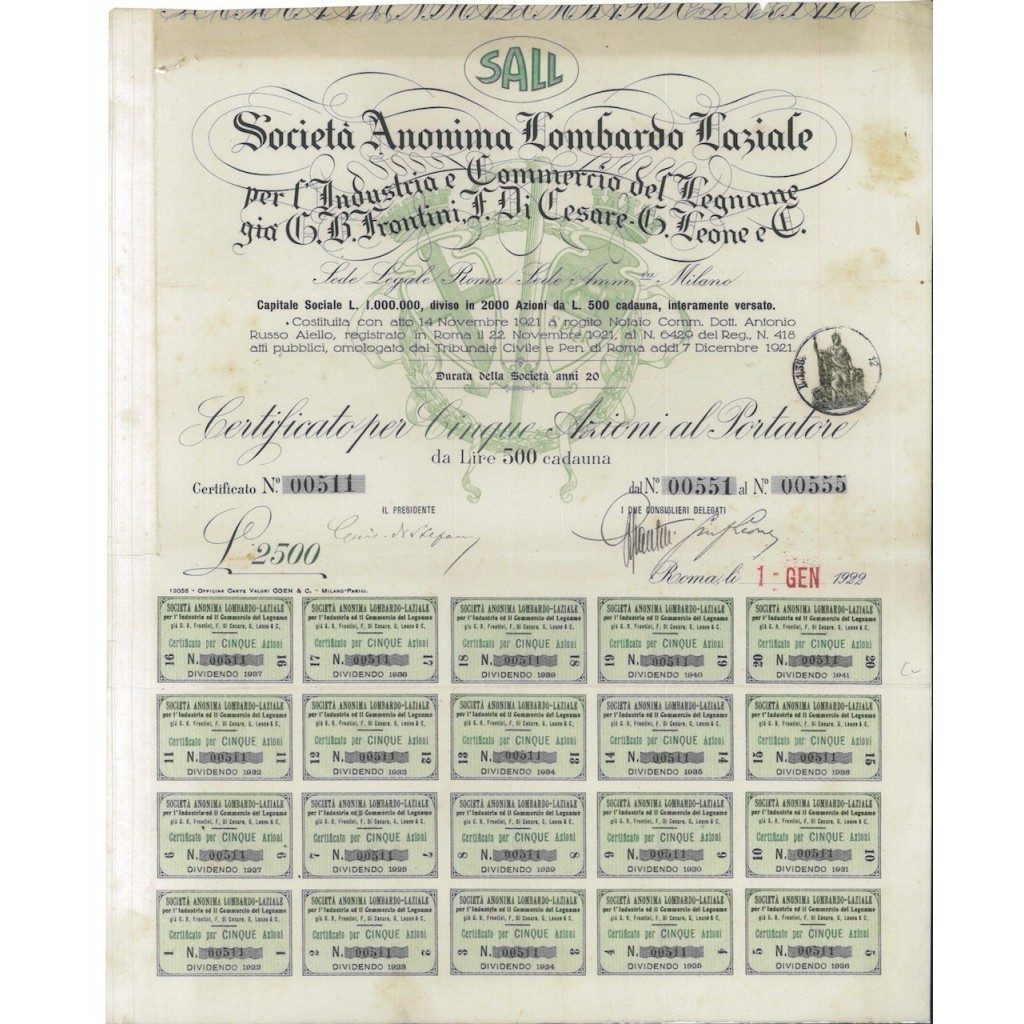 SALL - SOC. ANON. LOMBARDO LAZIALE - 5 AZIONI ROMA 1922