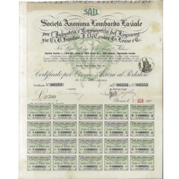 SALL - SOC. ANON. LOMBARDO LAZIALE - 5 AZIONI ROMA 1922