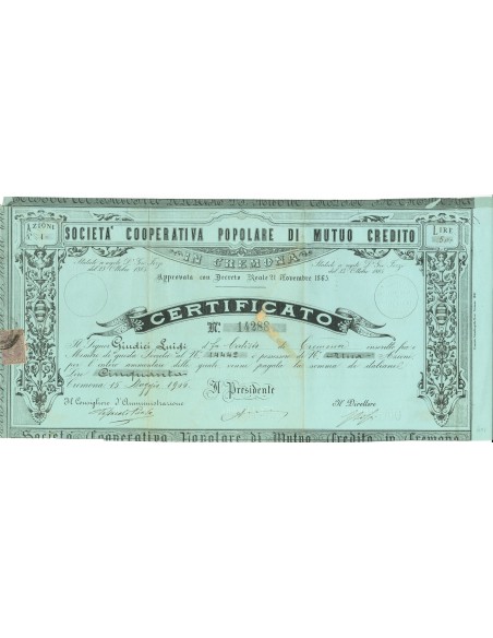 1906 - COOPERATIVA POPOLARE DI MUTUO CREDITO AZIONI - CREMONA