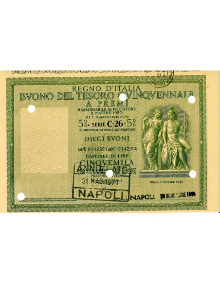 1945 - BUONO DEL TESORO QUINQUENNALE - SERIE C12 CAGLIARI